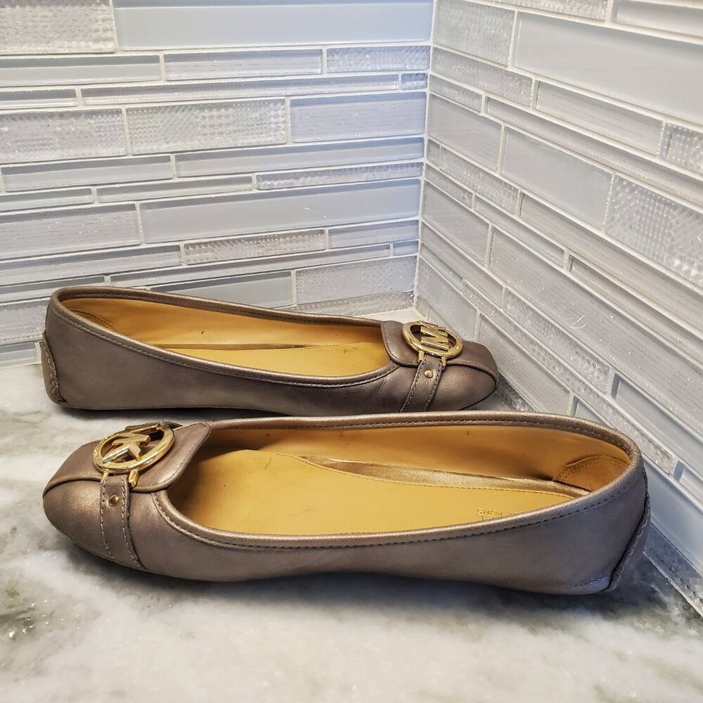 Michael Kors Metallic Flats Pewter & Gold Logo EUC